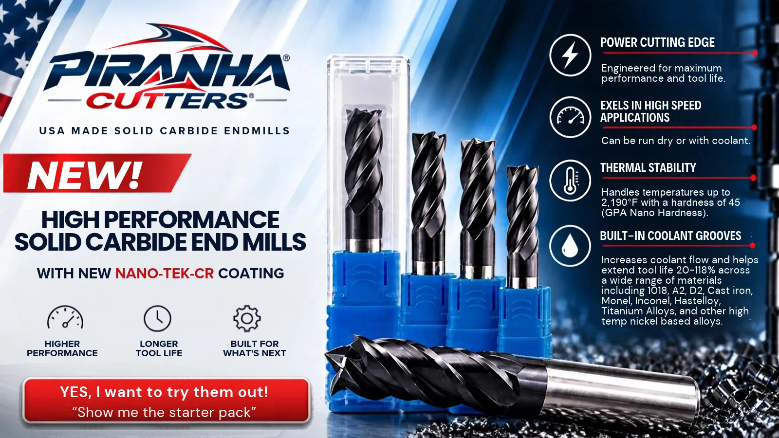 Piranha Cutters USA-made high-performance solid carbide end mills with Nano-Tek-CR coating β shop the 6-piece starter set