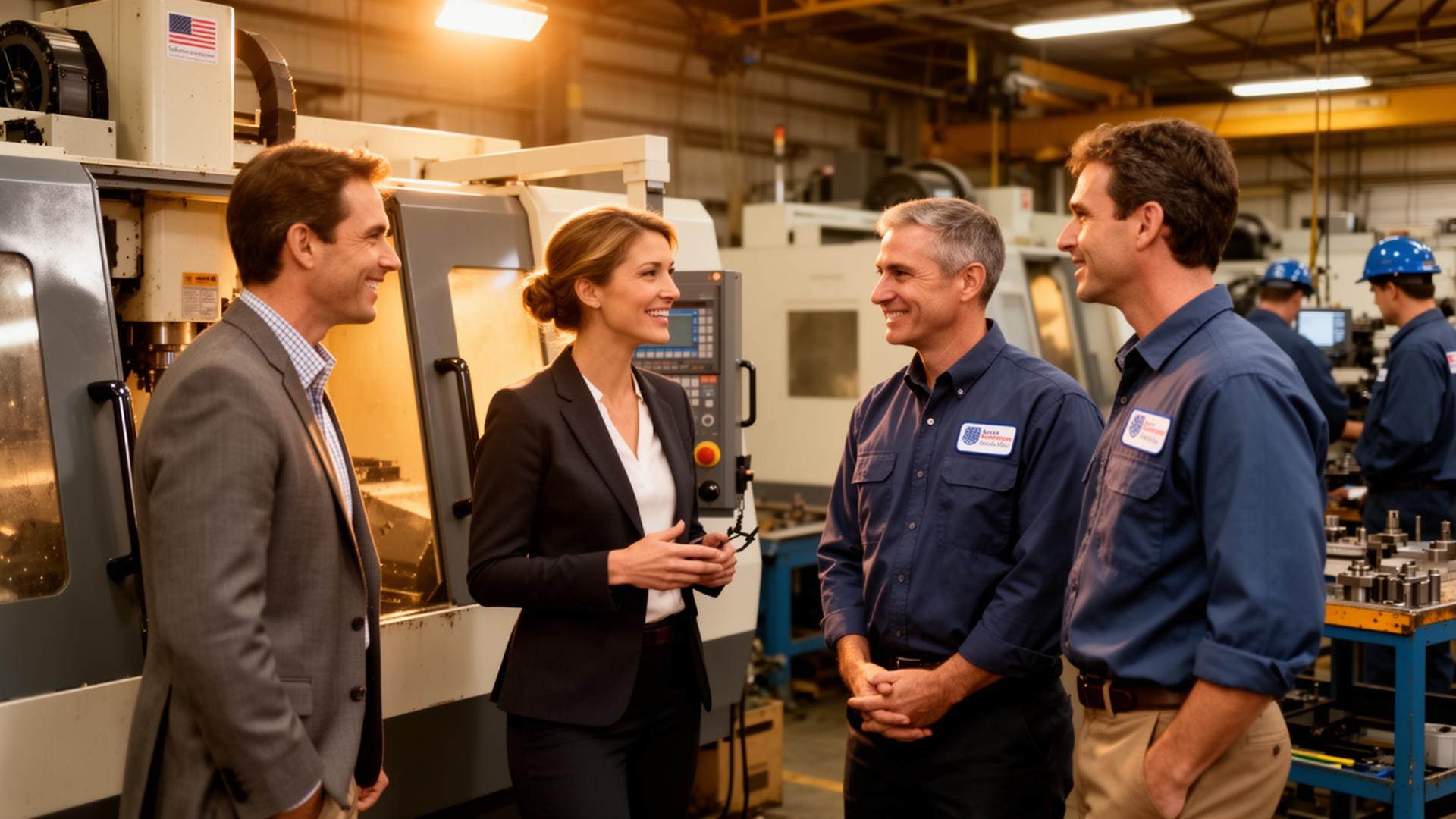 Sales team collaborating with engineers in a machine shop